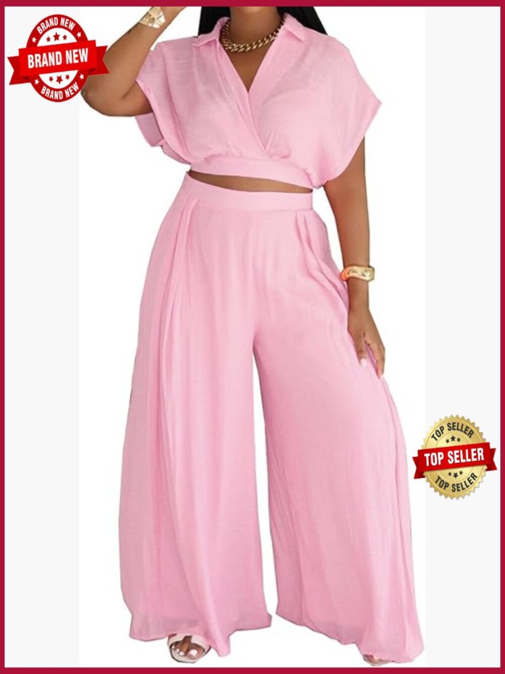 Casual Linen 2 Piece Outfit - Crop Top and Wide Leg Pants Set